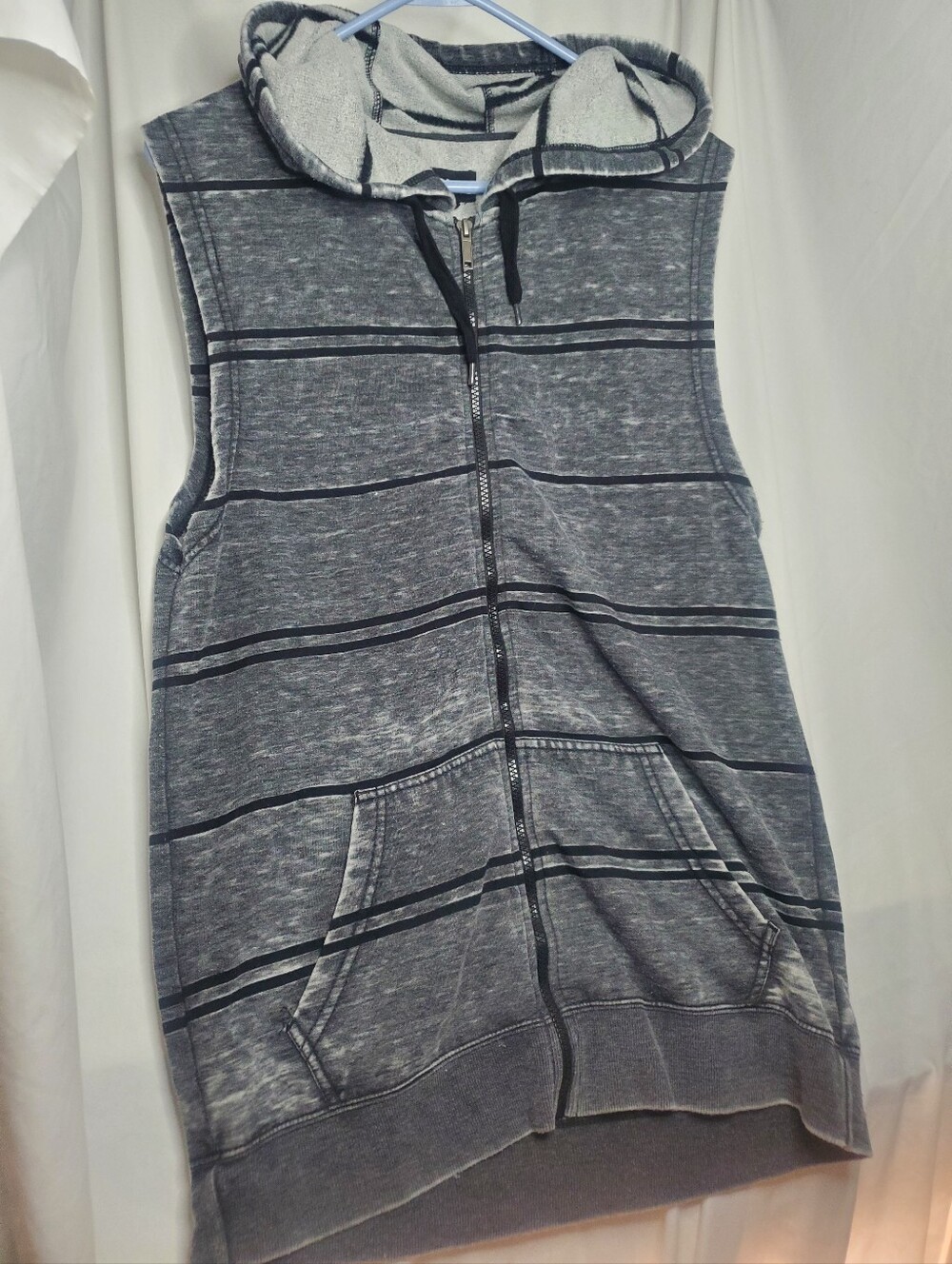 Y2K Carbon Mens Hoodie Vest Gray Acid Wash Striped Full Zip Skater Size Large L